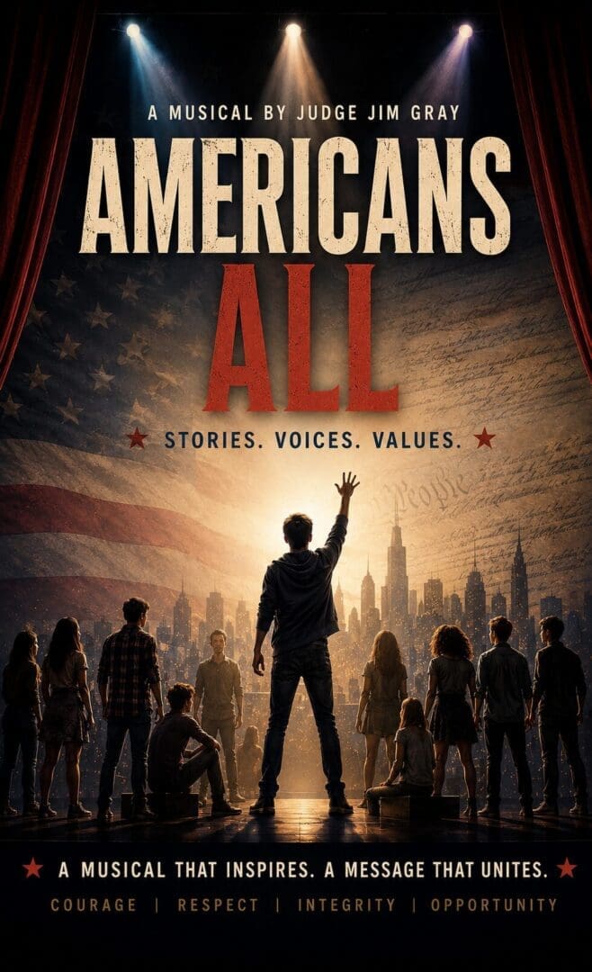 Musical poster featuring diverse performers on stage.